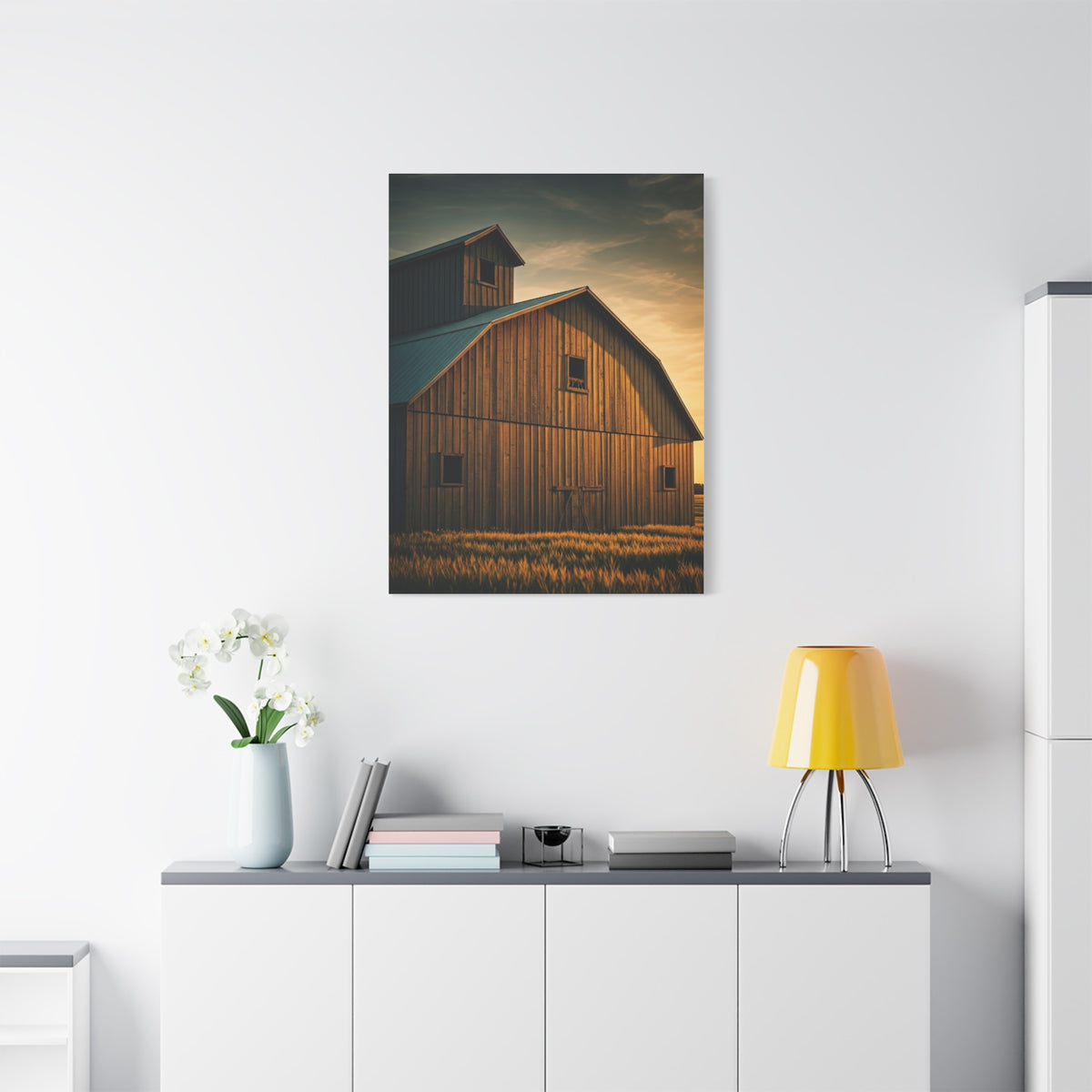Twin Barn Structures in Evening Light Wall Art & Canvas Prints