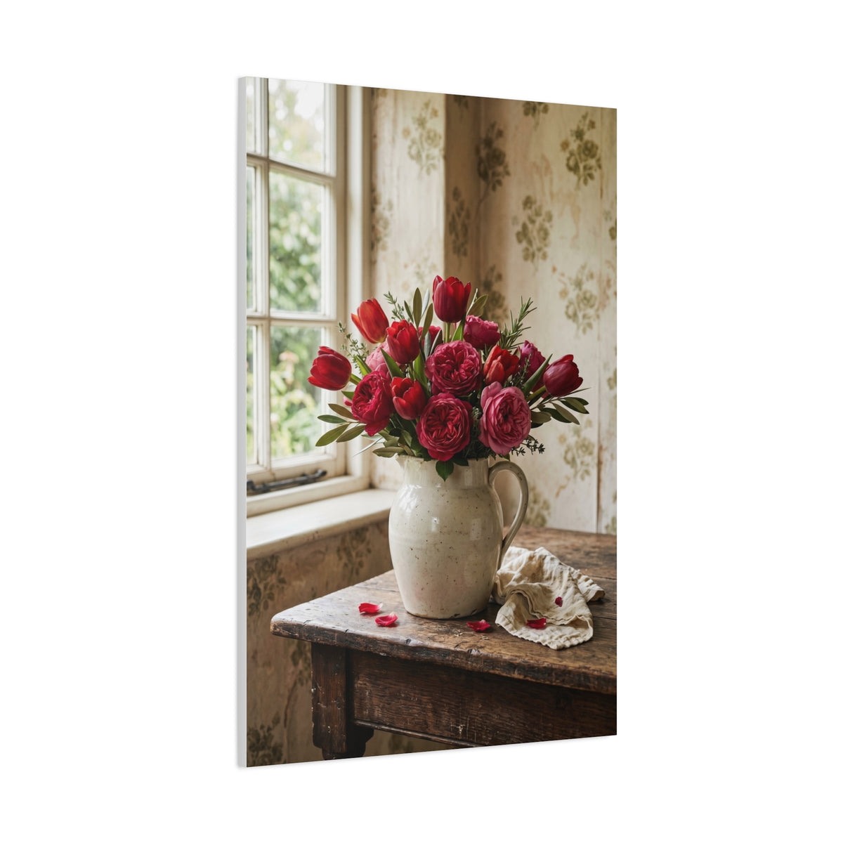 English Cottage Red Tulip Still Life Wall Art & Canvas Print