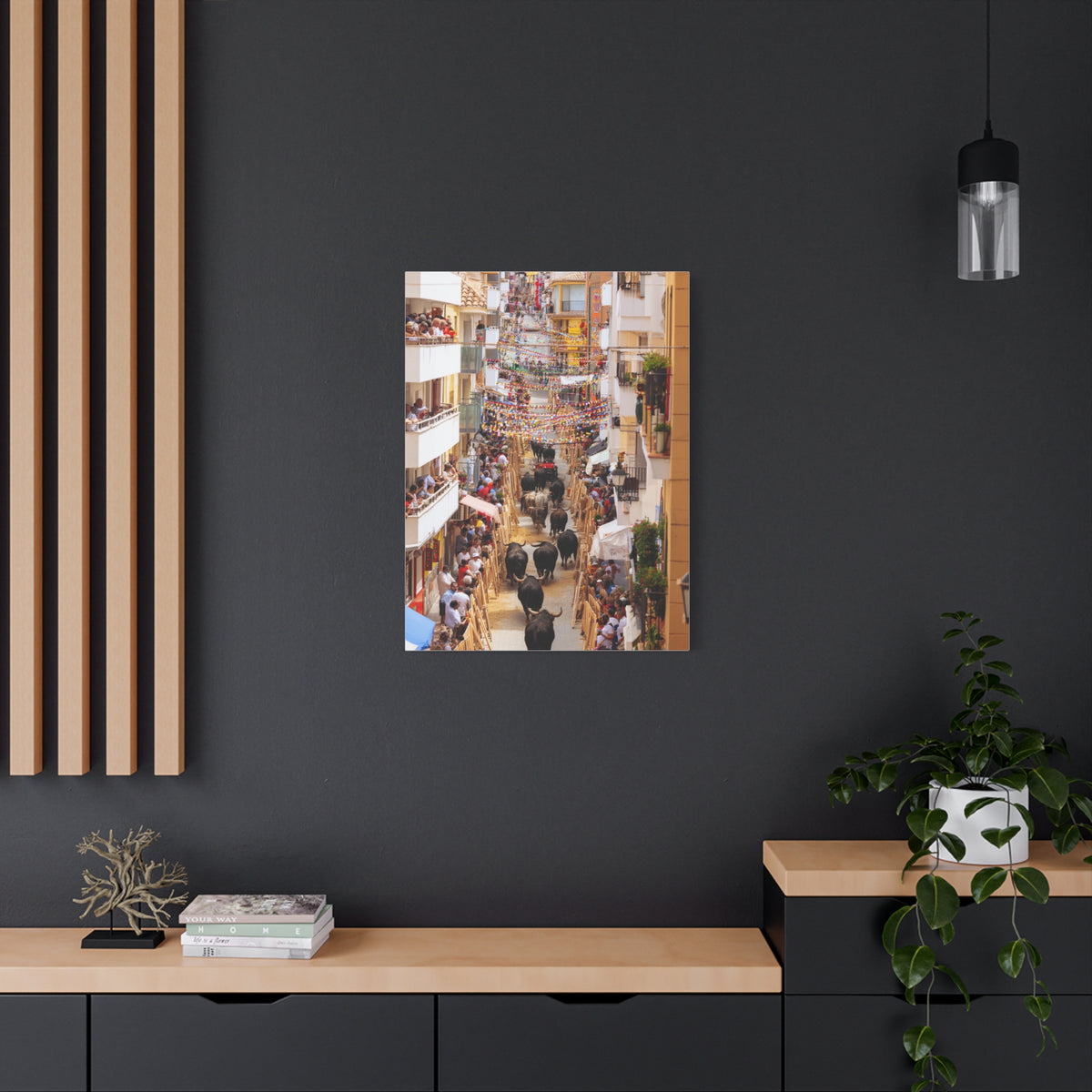Spanish Village Bull Festival Street Scene Wall Art & Canvas Print
