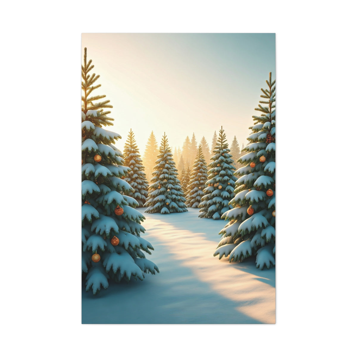 Snow Covered Christmas Tree Forest Under Winter Light Wall Art & Canvas Print