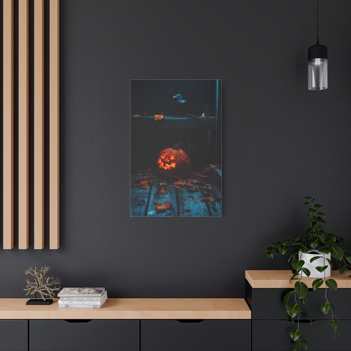Jack-O’-Lantern and Crow on Moonlit Porch Wall Art & Canvas Print