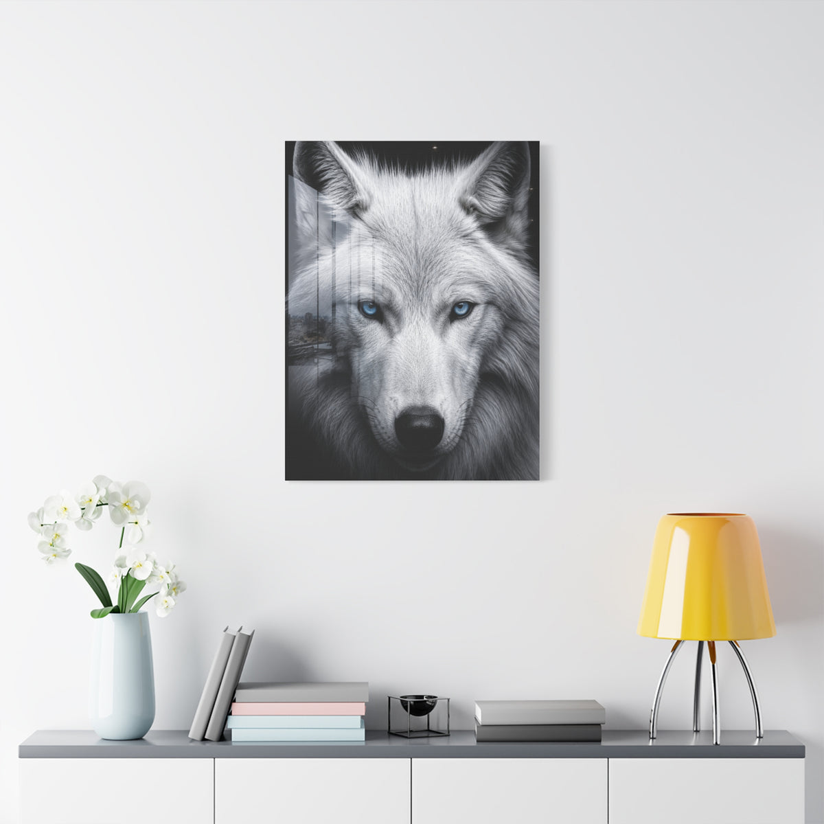 White Wolf Blue Eyes Monochrome Portrait Wall Art & Canvas Print