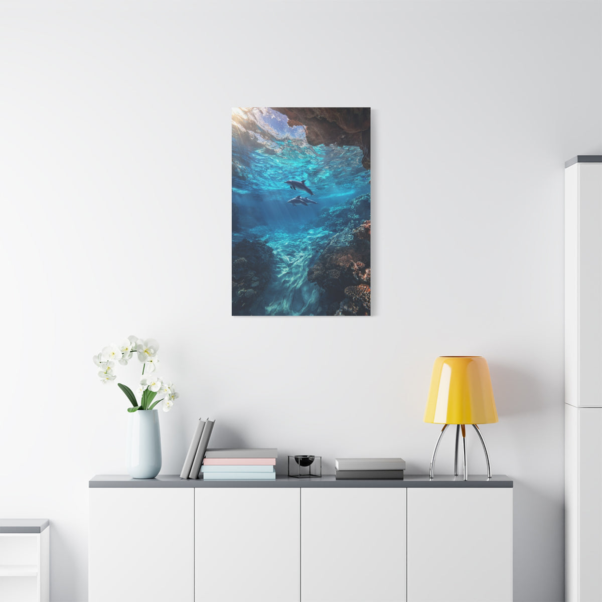 Dolphins Swimming Beneath Sunlit Ocean Waters Wall Art & Canvas Print