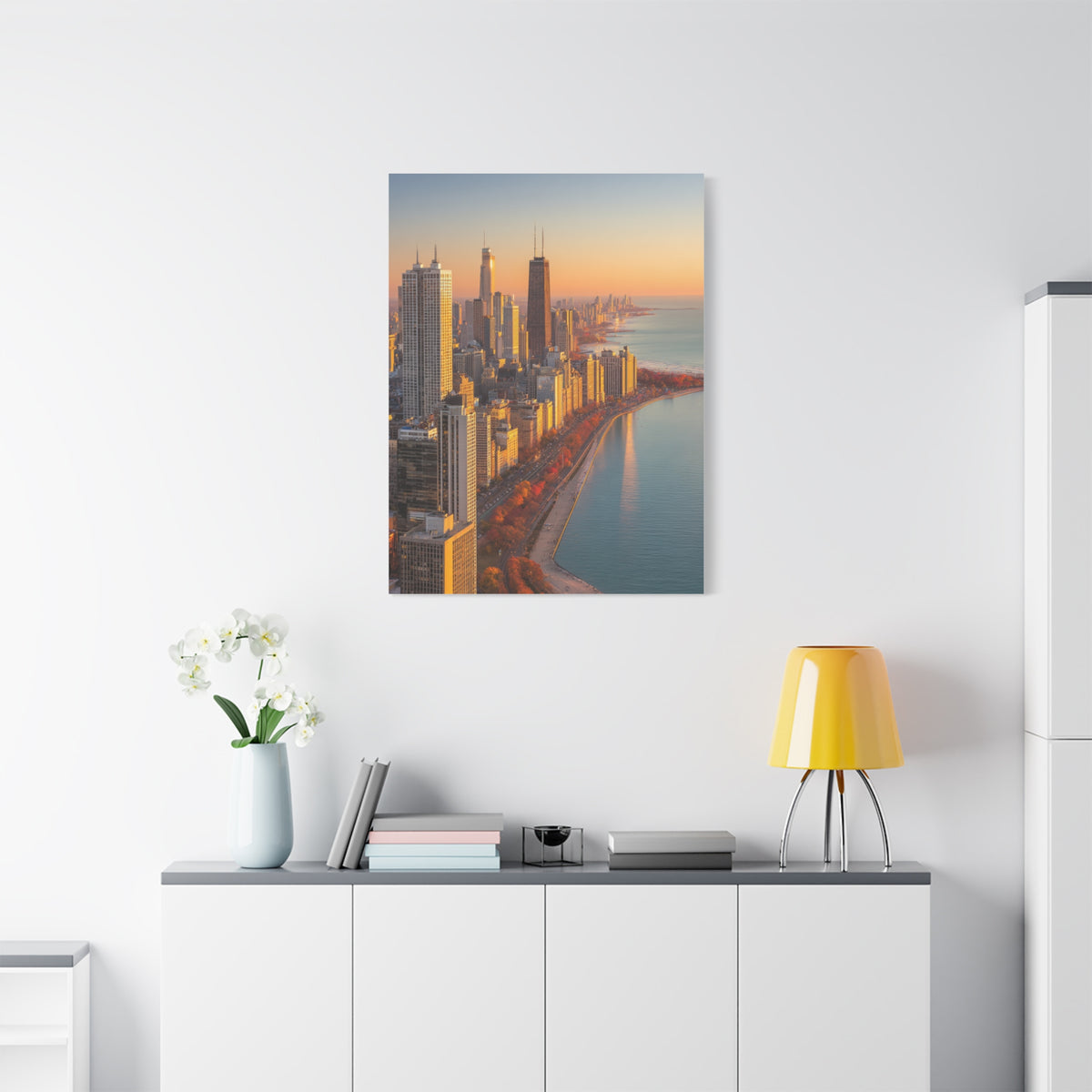 Chicago Skyline Autumn Sunset Along Lake Michigan Wall Art & Canvas Print