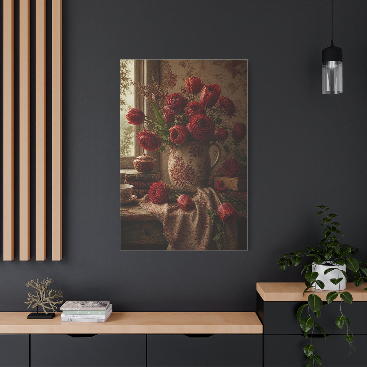 English Cottage Red Floral Still Life Wall Art & Canvas Print
