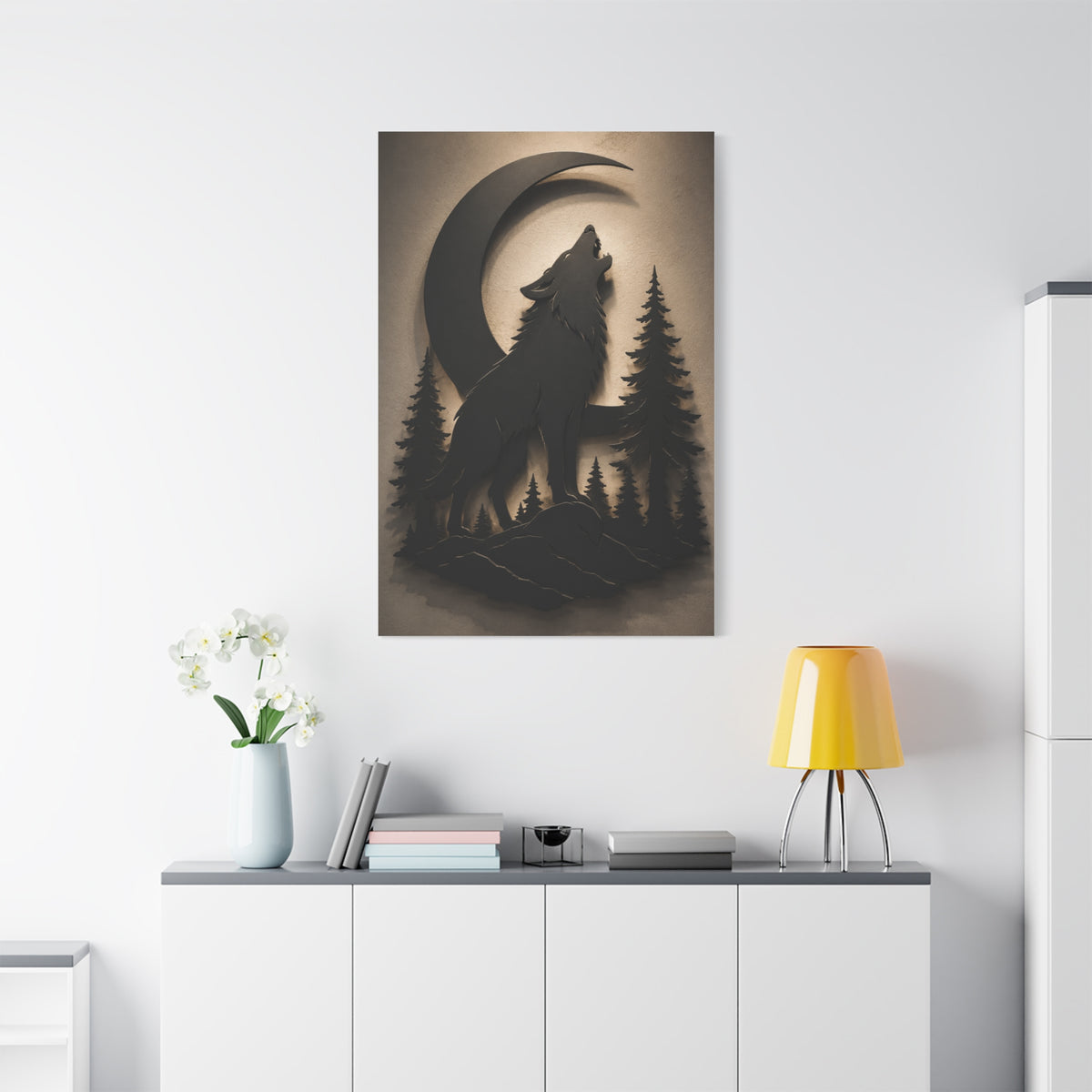Matte Black Howling Wolf Moon Silhouette Wall Art & Canvas Print