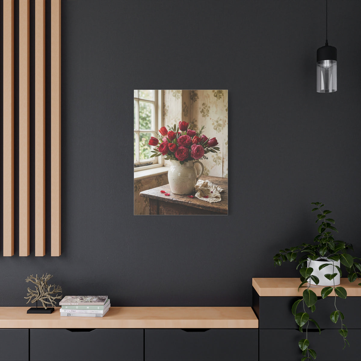 English Cottage Red Tulip Still Life Wall Art & Canvas Print