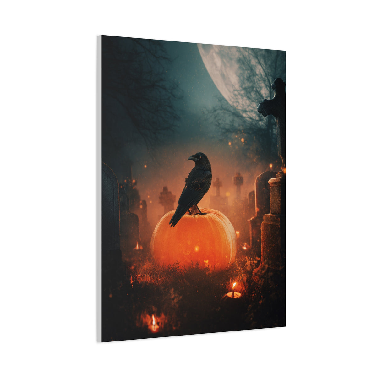 Crow on Pumpkin in Moonlit Graveyard Wall Art & Canvas Print