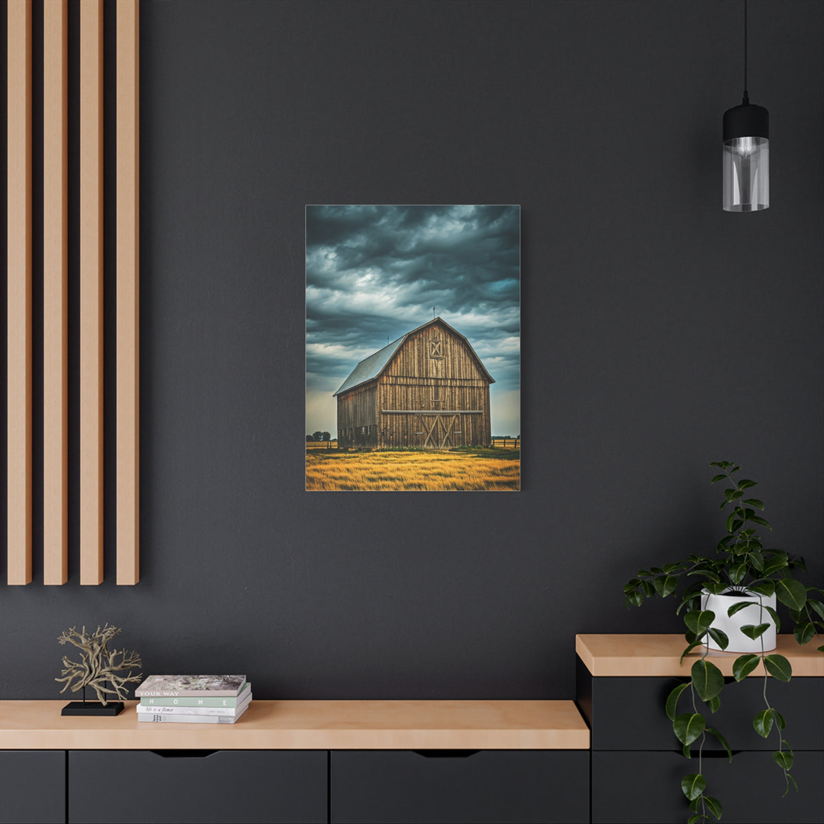 Classic Wooden Barn Beneath Rolling Clouds Wall Art & Canvas Prints