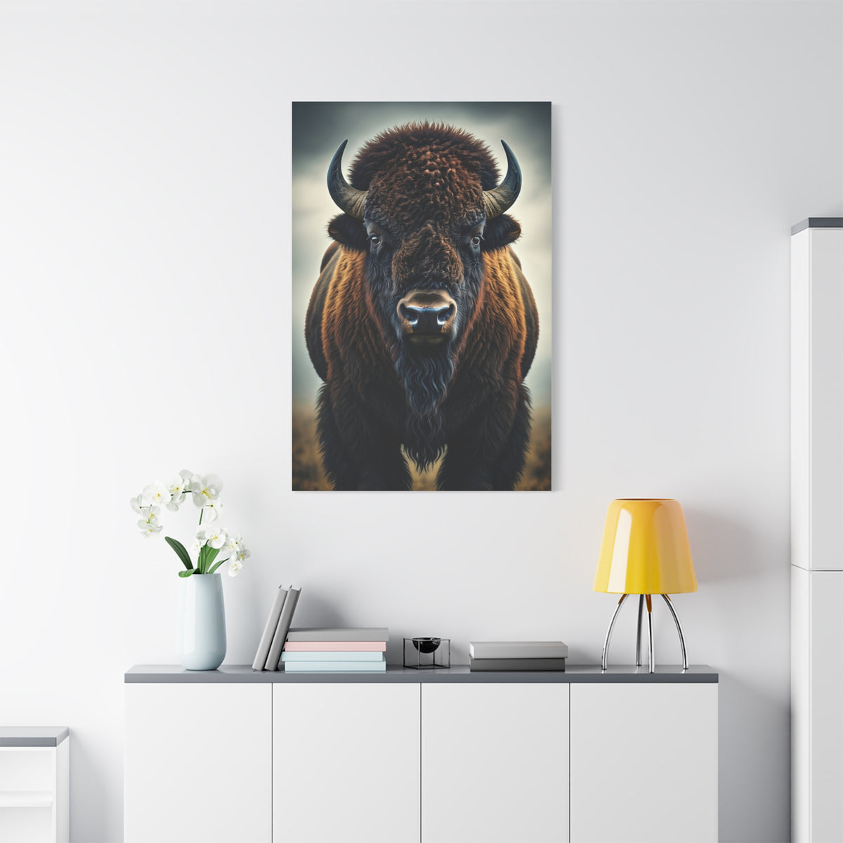 Symmetrical American Bison Portrait with Dramatic Overcast Lighting Wall Art & Canvas Print