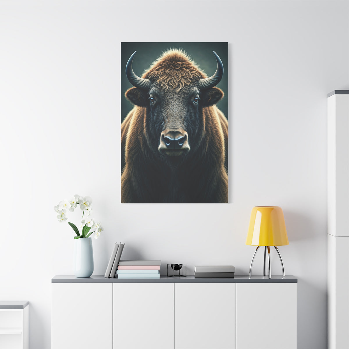 American Bison Frontal Portrait with Dramatic Overcast Lighting Wall Art & Canvas Print