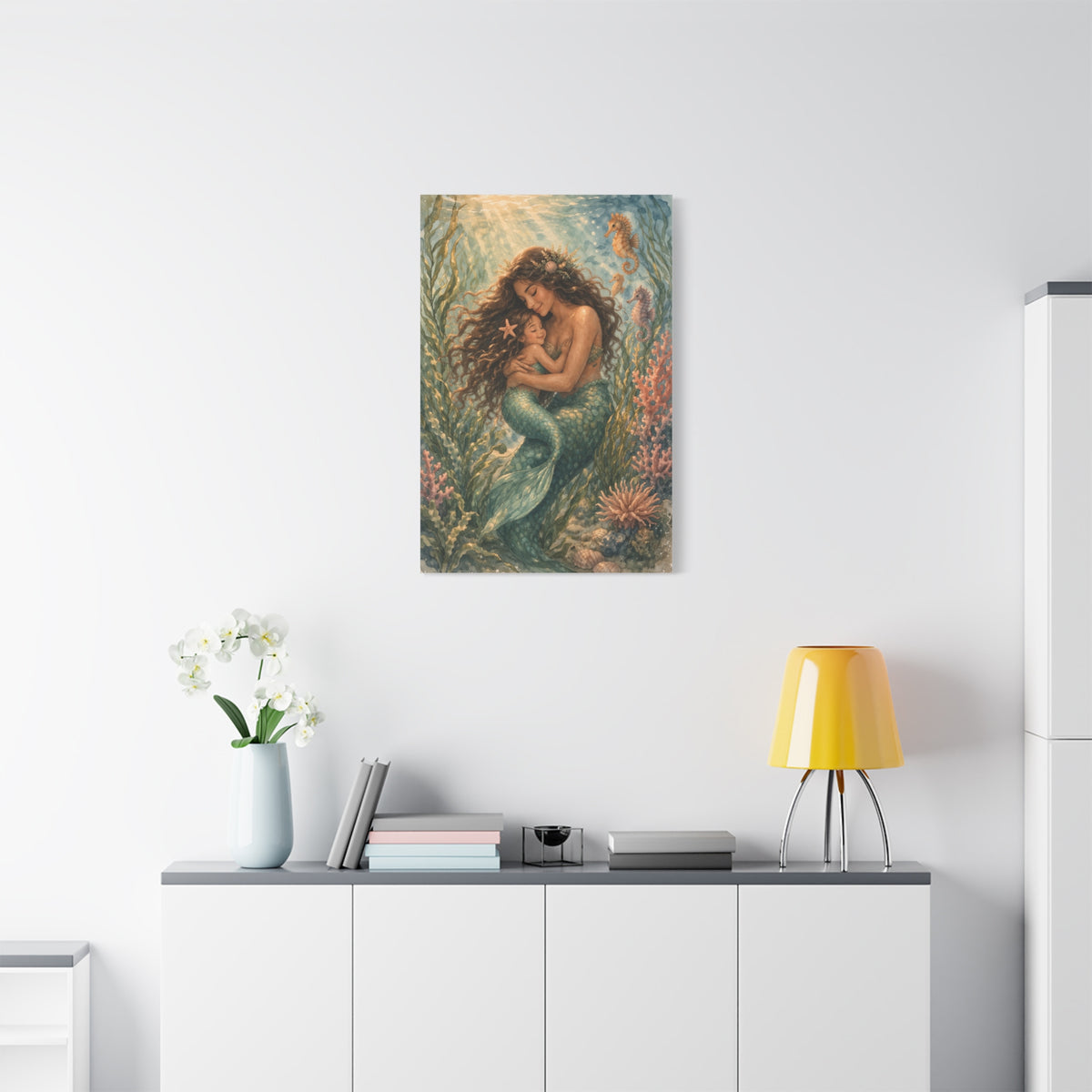 Mother and Child Mermaid Embrace Wall Art & Canvas Print