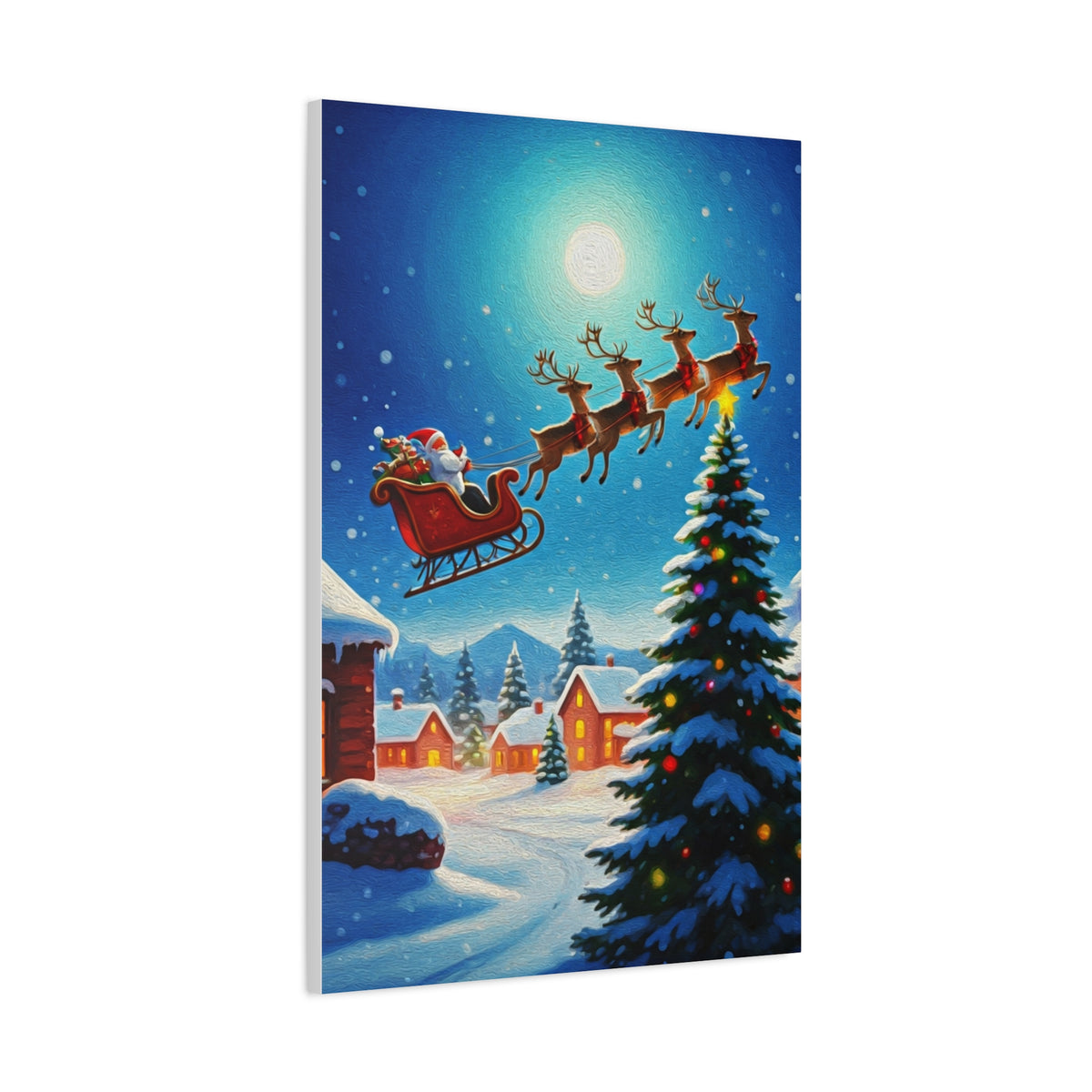 Santa Sleigh Flying Over Snowy Christmas Village Wall Art & Canvas Print