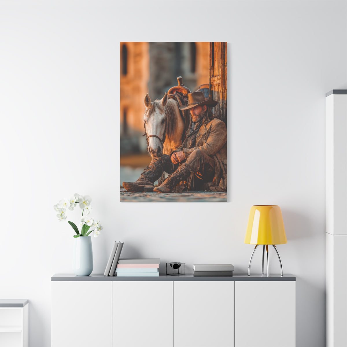 Cowboy Resting Beside His Horse Wall Art & Canvas Print