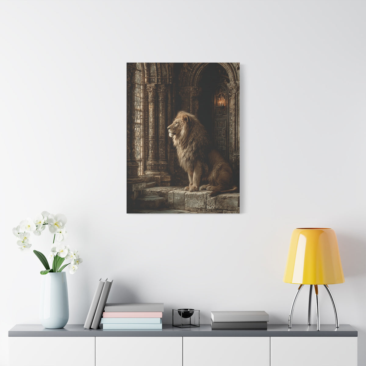 Lion in Ancient Stone Hall Royal Guardian Wall Art & Canvas Print