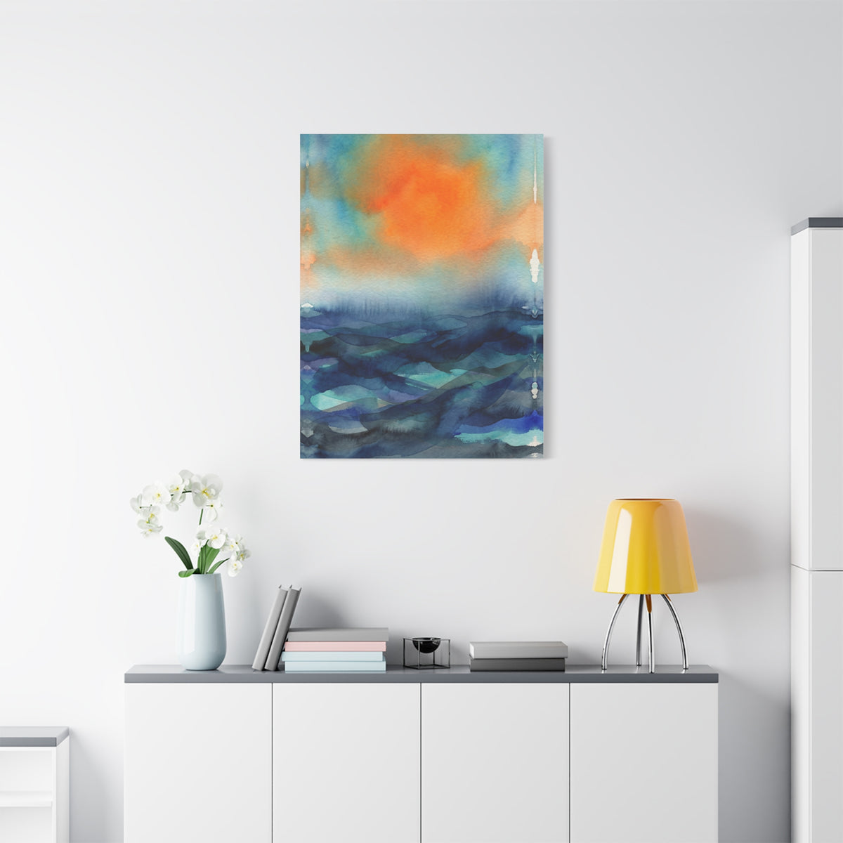 Abstract Orange Sky Over Watercolor Landscape Wall Art & Canvas Print