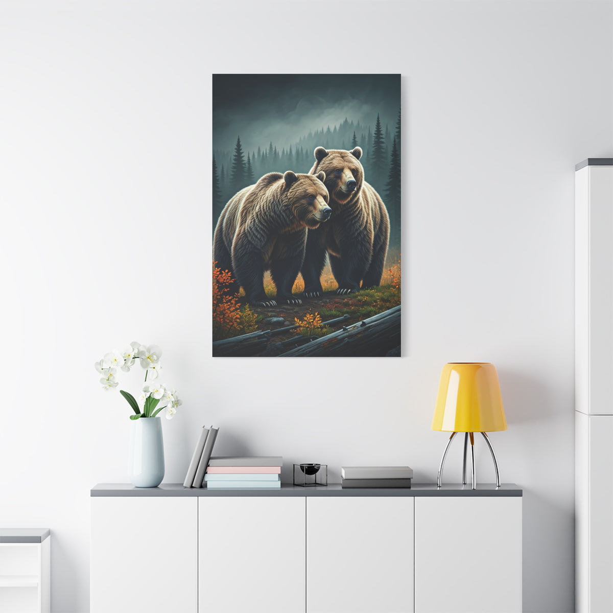 Twin Brown Bears in Misty Forest Wall Art & Canvas Prints