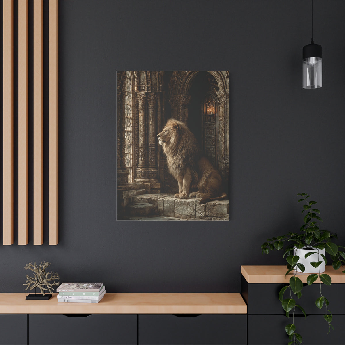 Lion in Ancient Stone Hall Royal Guardian Wall Art & Canvas Print