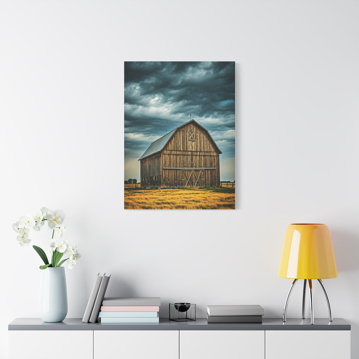 Classic Wooden Barn Beneath Rolling Clouds Wall Art & Canvas Prints