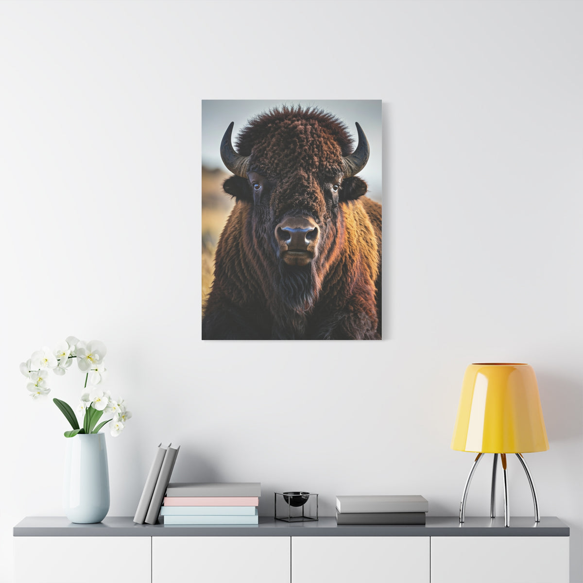 Symmetrical American Bison Portrait with Overcast Lighting Wall Art & Canvas Print