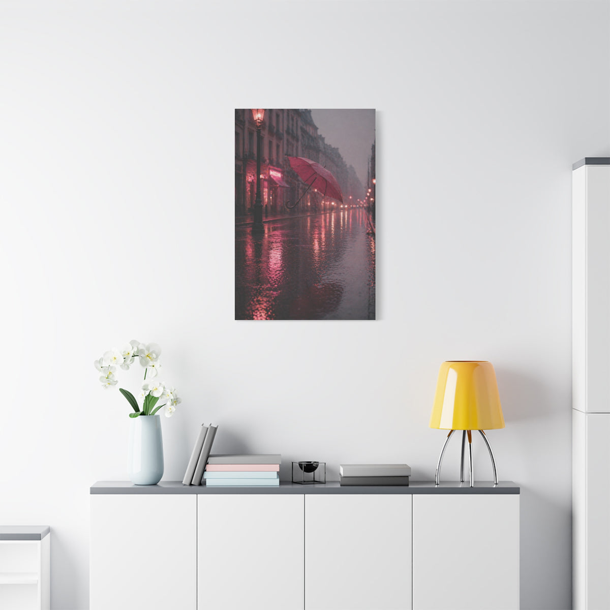 Romantic Pink Rain Street Reflection Wall Art & Canvas Print