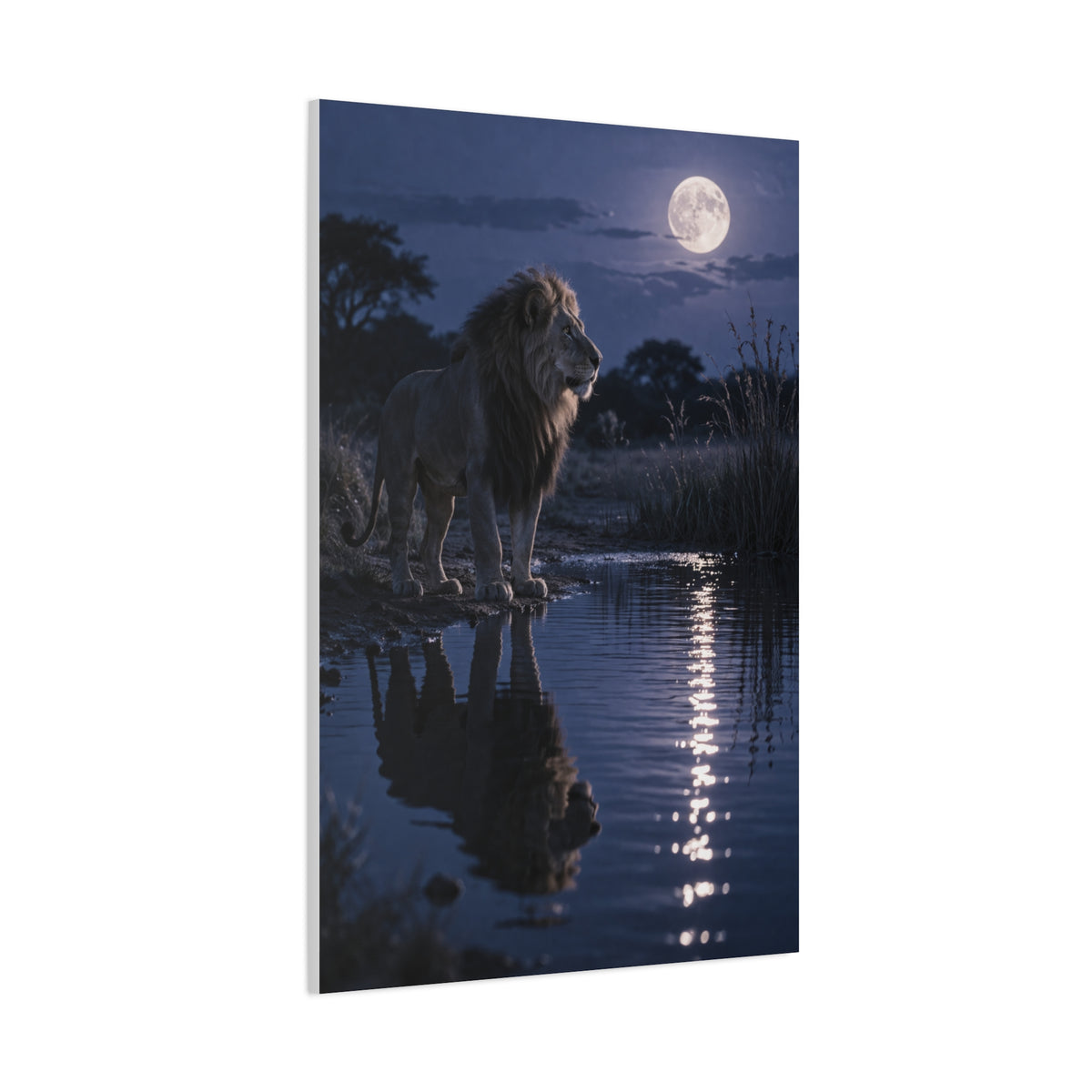 Lion by Moonlit Water Reflection Wall Art & Canvas Print