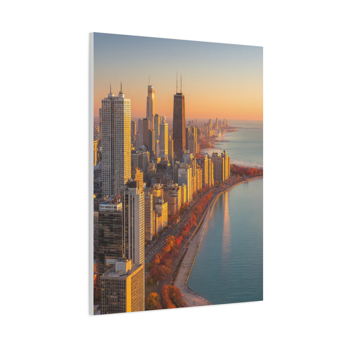 Chicago Skyline Autumn Sunset Along Lake Michigan Wall Art & Canvas Print