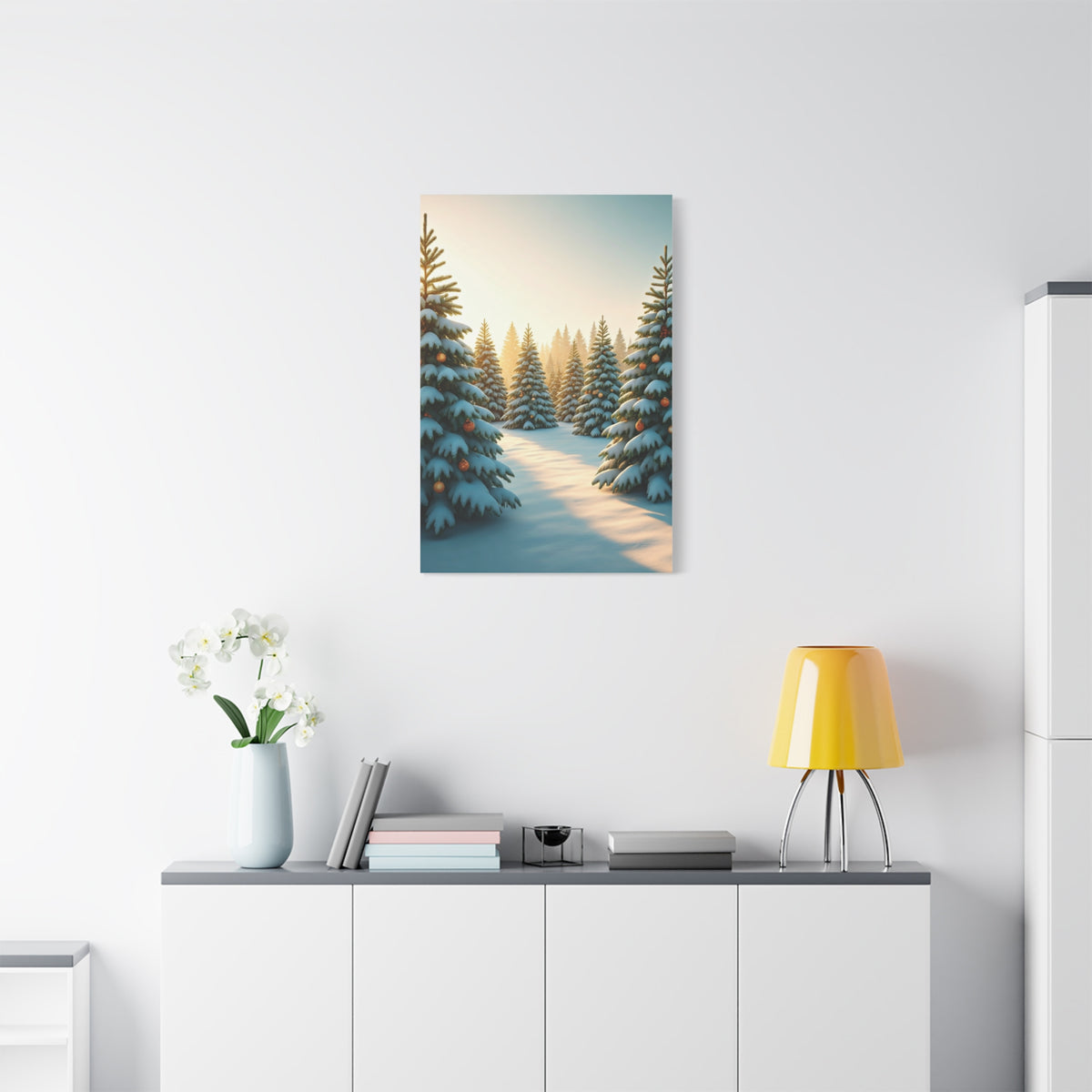 Snow Covered Christmas Tree Forest Under Winter Light Wall Art & Canvas Print
