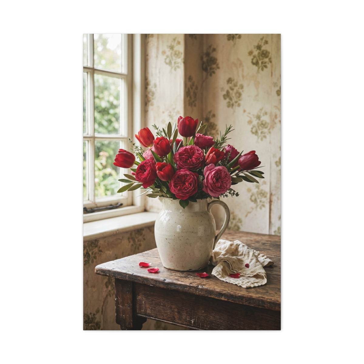 English Cottage Red Tulip Still Life Wall Art & Canvas Print