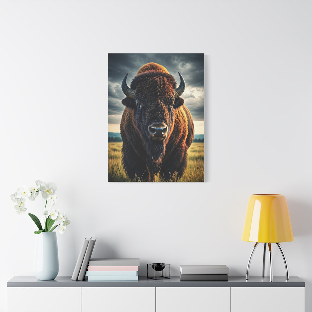 Bison Under Storm Clouds Prairie Portrait Wall Art & Canvas Print