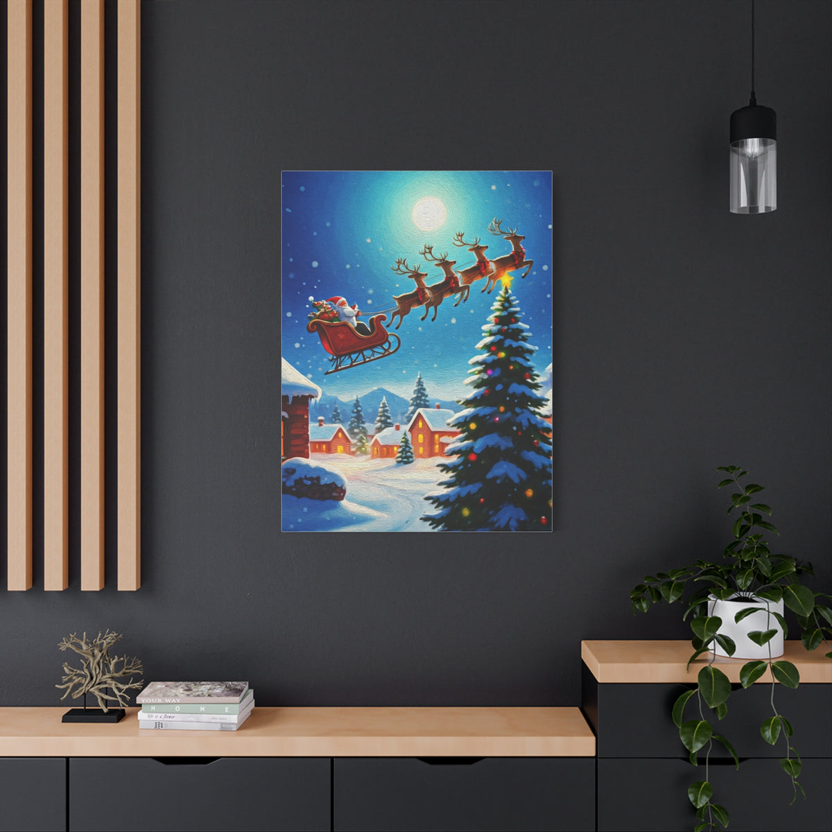 Santa Sleigh Flying Over Snowy Christmas Village Wall Art & Canvas Print