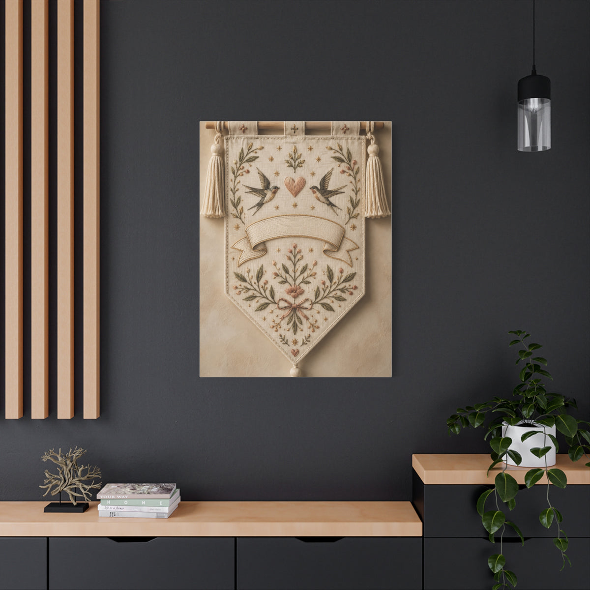Hand-Embroidered Romantic Birds Textile Wall Art & Canvas Print