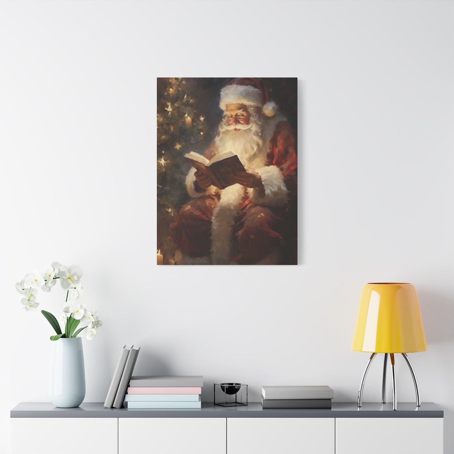 Santa Claus Reading In Candle Light Painting Wall Art & Canvas Prints