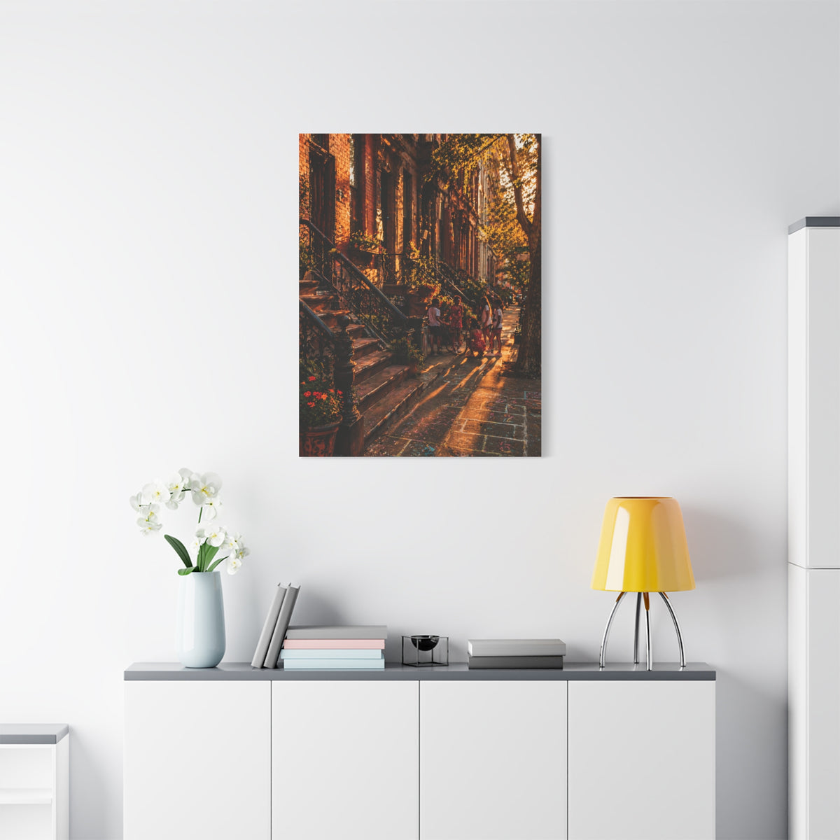 Harlem Brownstone Golden Hour Scene Wall Art & Canvas Print