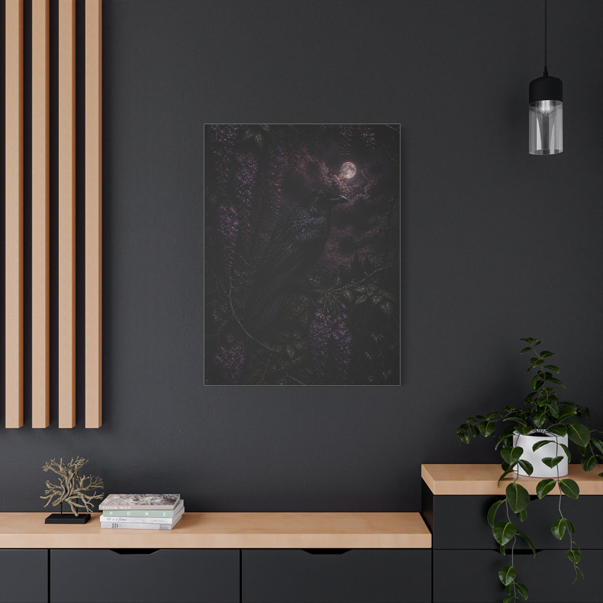 Raven in Wisteria Moonlit Scene Wall Art & Canvas Print