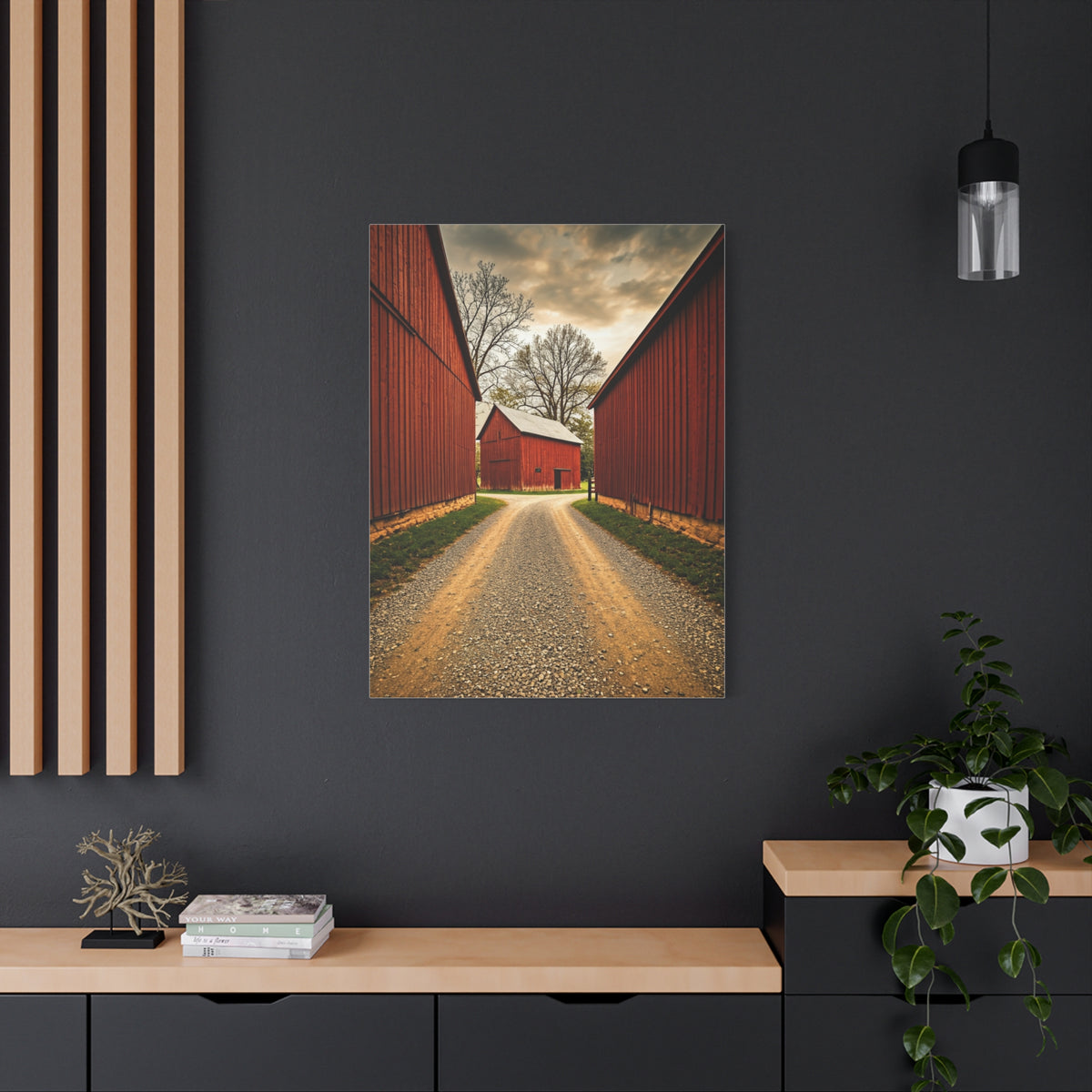 Country Lane Between Red Barns Wall Art & Canvas Prints