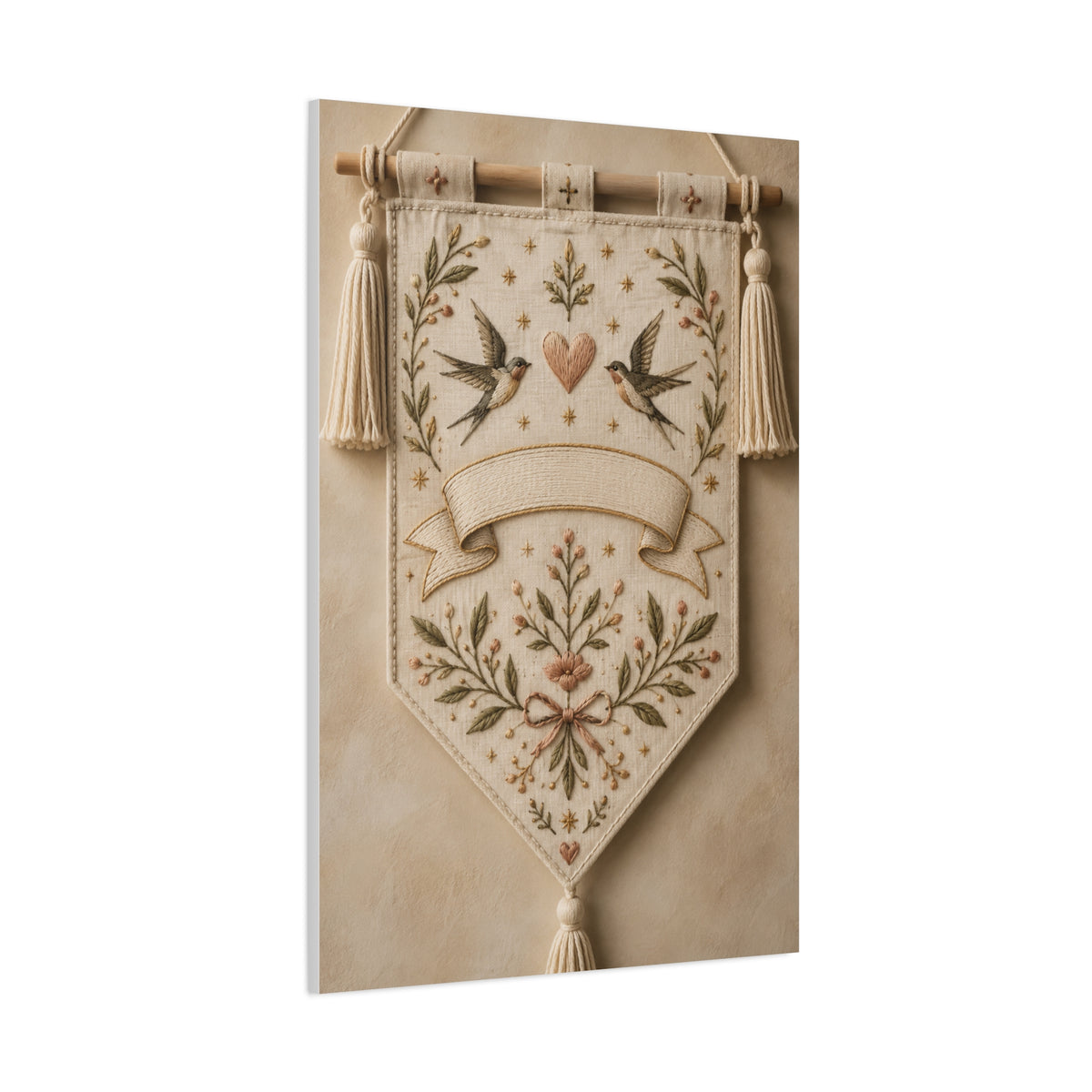 Hand-Embroidered Romantic Birds Textile Wall Art & Canvas Print