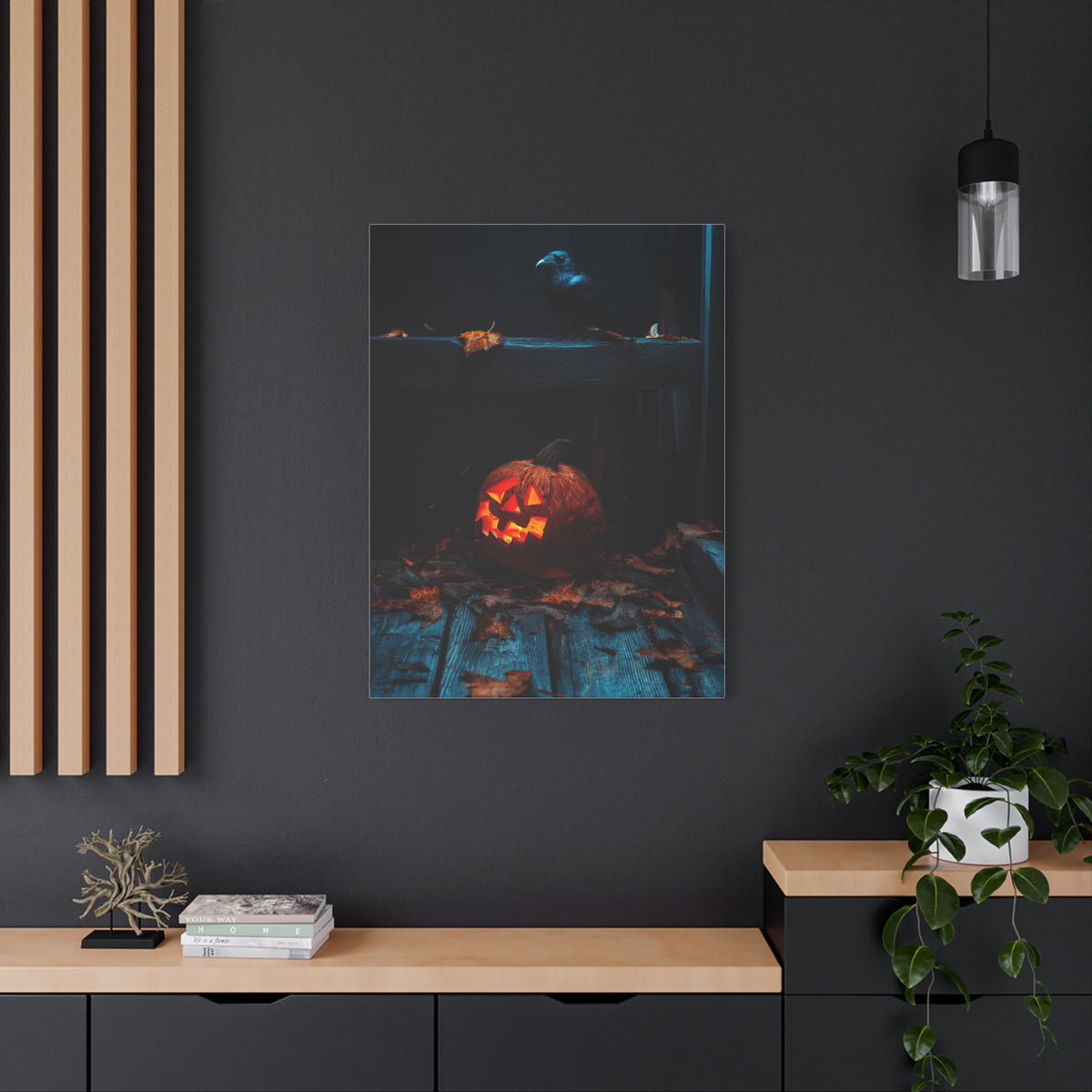 Jack-O’-Lantern and Crow on Moonlit Porch Wall Art & Canvas Print