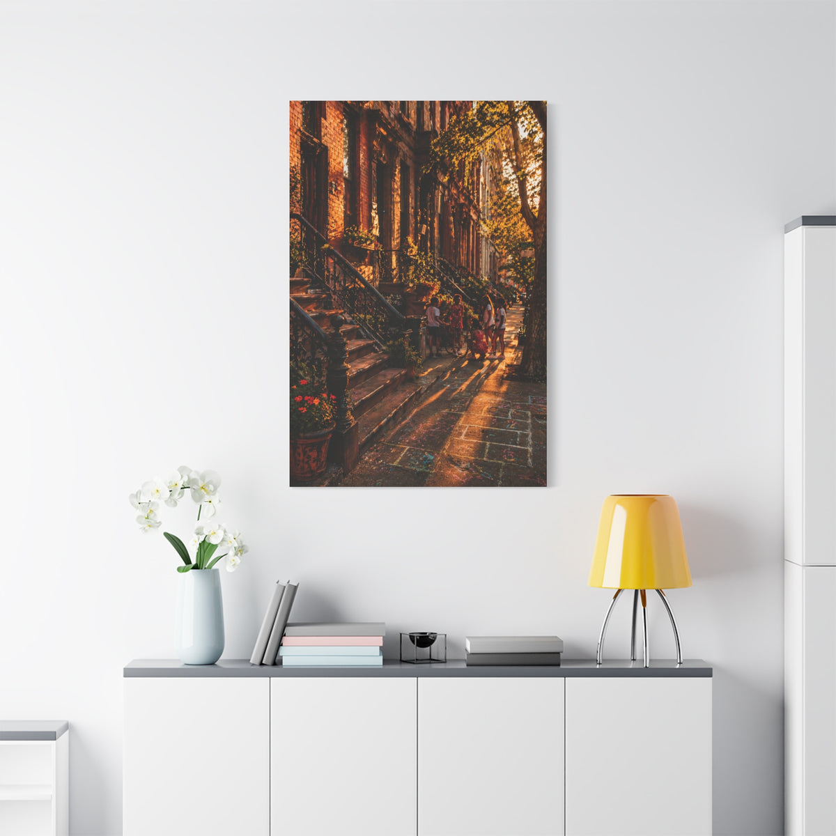 Harlem Brownstone Golden Hour Scene Wall Art & Canvas Print
