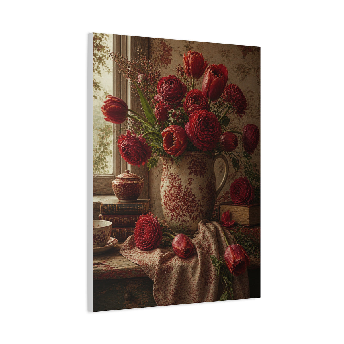 English Cottage Red Floral Still Life Wall Art & Canvas Print