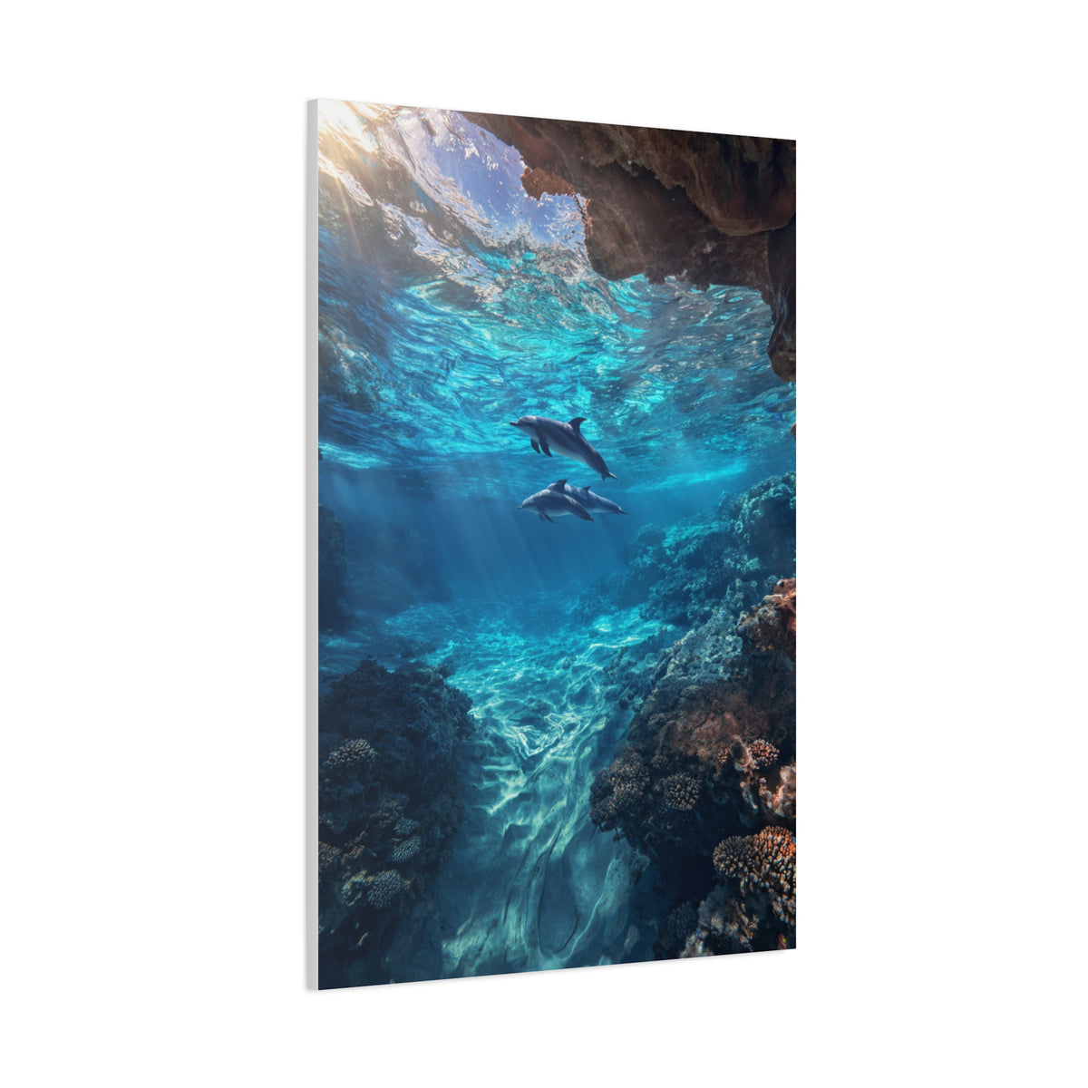 Dolphins Swimming Beneath Sunlit Ocean Waters Wall Art & Canvas Print
