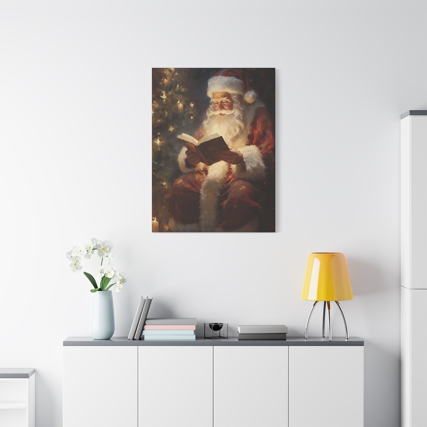 Santa Claus Reading In Candle Light Painting Wall Art & Canvas Prints