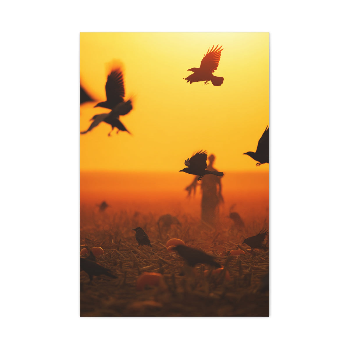 Crows Rising Over Pumpkin Field at Sunset Wall Art & Canvas Print