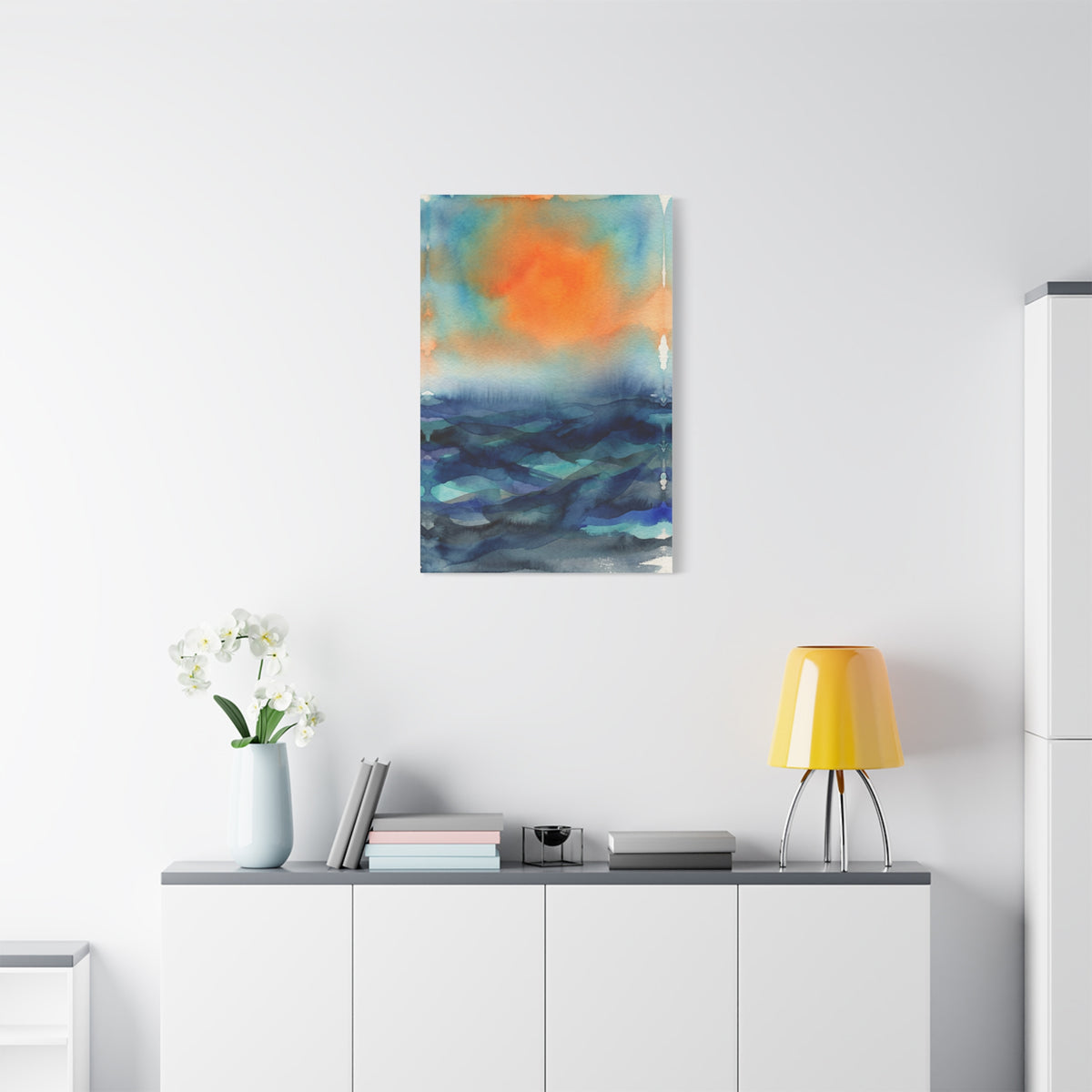 Abstract Orange Sky Over Watercolor Landscape Wall Art & Canvas Print