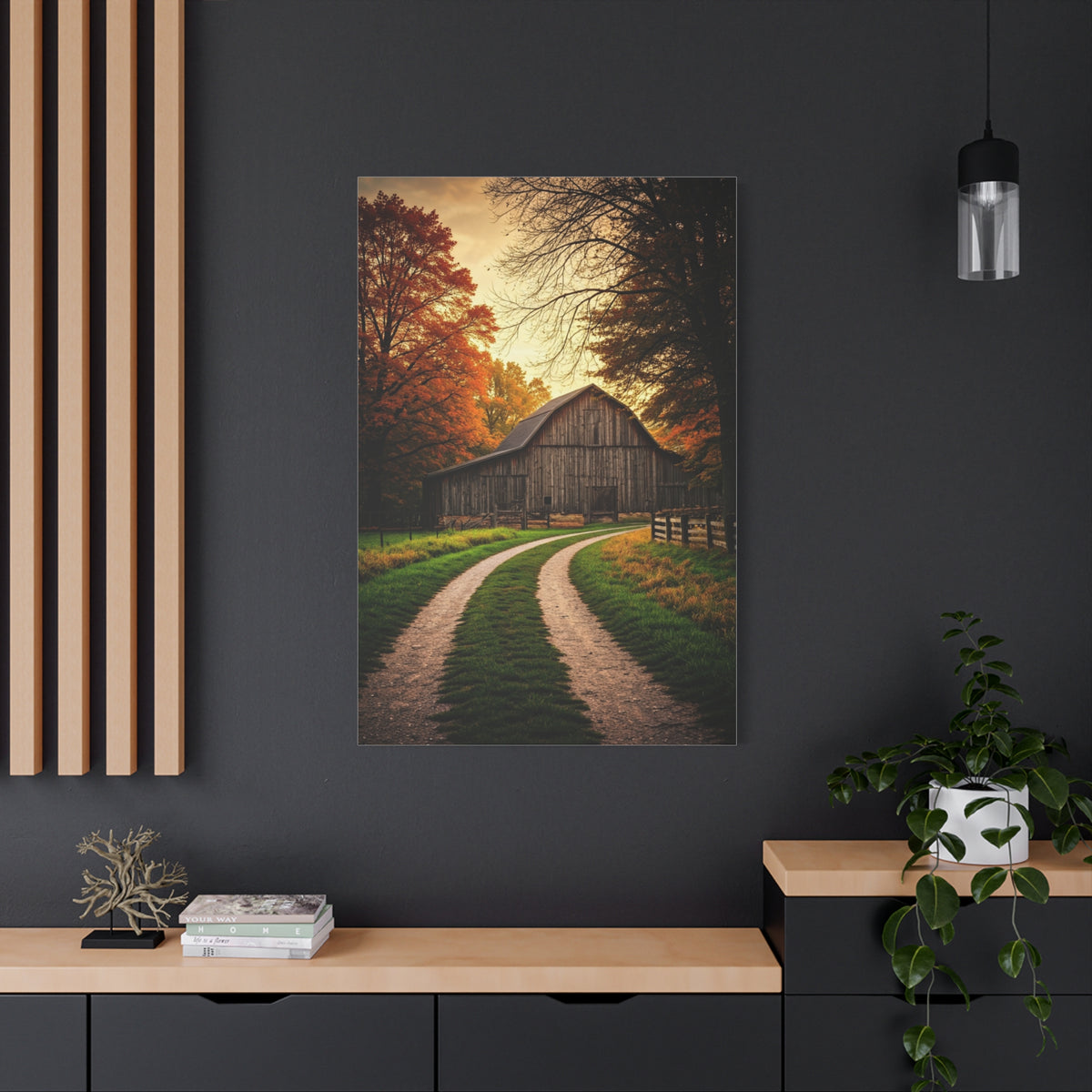 Autumn Barn Road at Golden Hour Wall Art & Canvas Prints