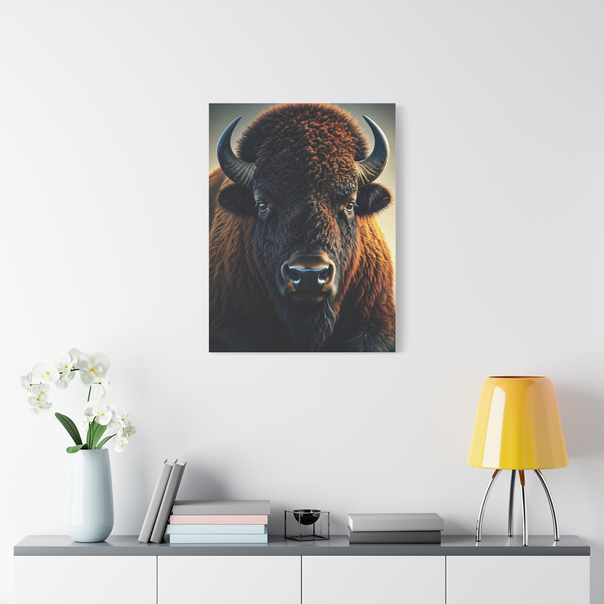 Classic Frontal American Bison Portrait with Soft Neutral Backdrop Wall Art & Canvas Print