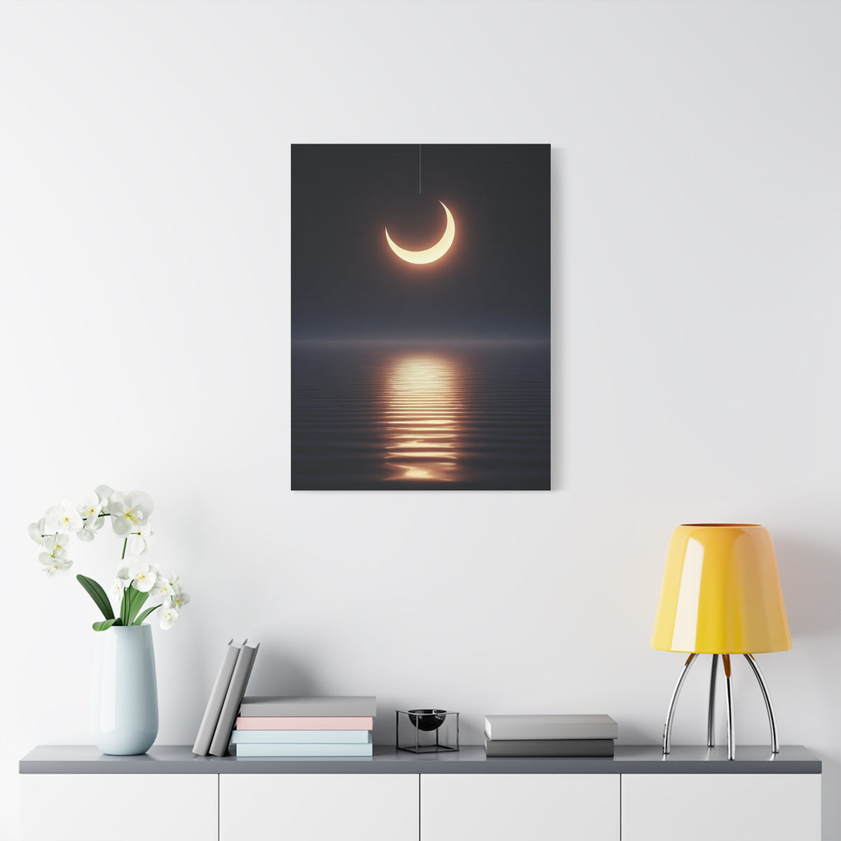 Crescent Moon Reflection Over Calm Water Wall Art & Canvas Prints