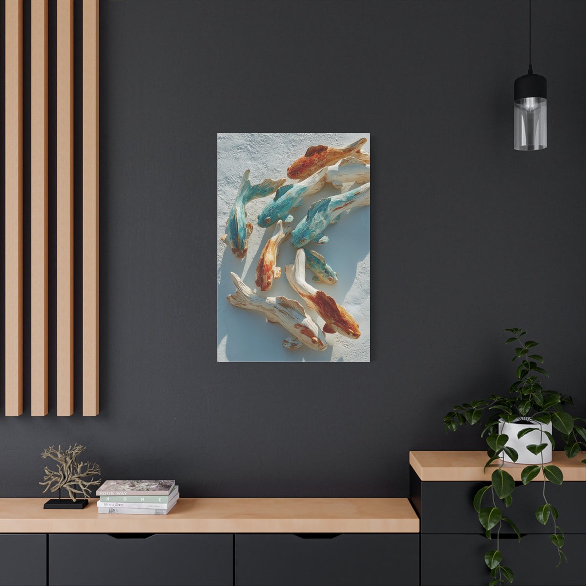 Driftwood School of Fish Coastal Sculpture Wall Art & Canvas Print