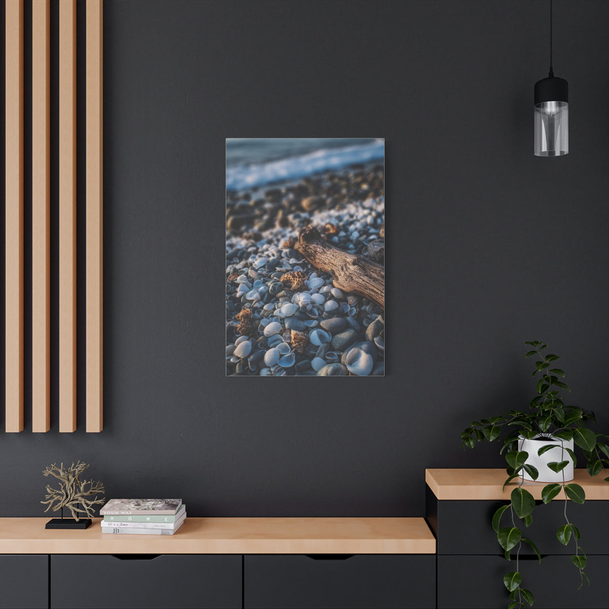 Rocky Shoreline with Seashells and Driftwood Wall Art & Canvas Print