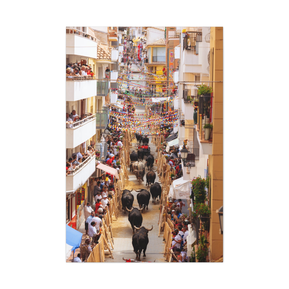 Spanish Village Bull Festival Street Scene Wall Art & Canvas Print